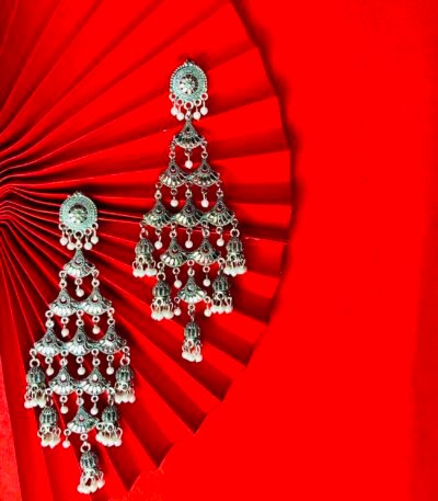 Royal Oxidised Silver Layered Chandbali Earrings with Pearl Drops - Image 2
