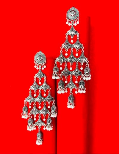 Royal Oxidised Silver Layered Chandbali Earrings with Pearl Drops - Image 3