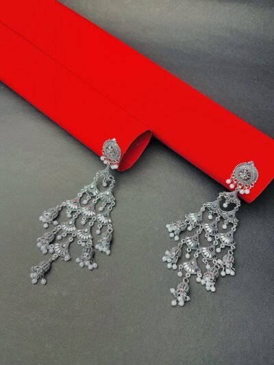 Royal Oxidised Silver Layered Chandbali Earrings with Pearl Drops - Image 4