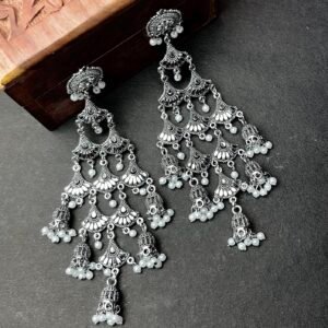 Royal Oxidised Silver Layered Chandbali Earrings with Pearl Drops