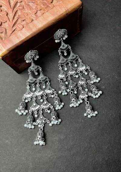 Royal Oxidised Silver Layered Chandbali Earrings with Pearl Drops